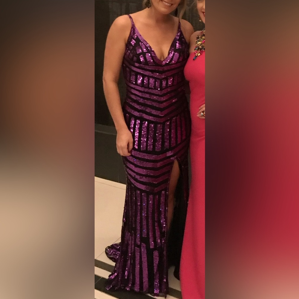 Purple & Black Sequin Low Back Gown